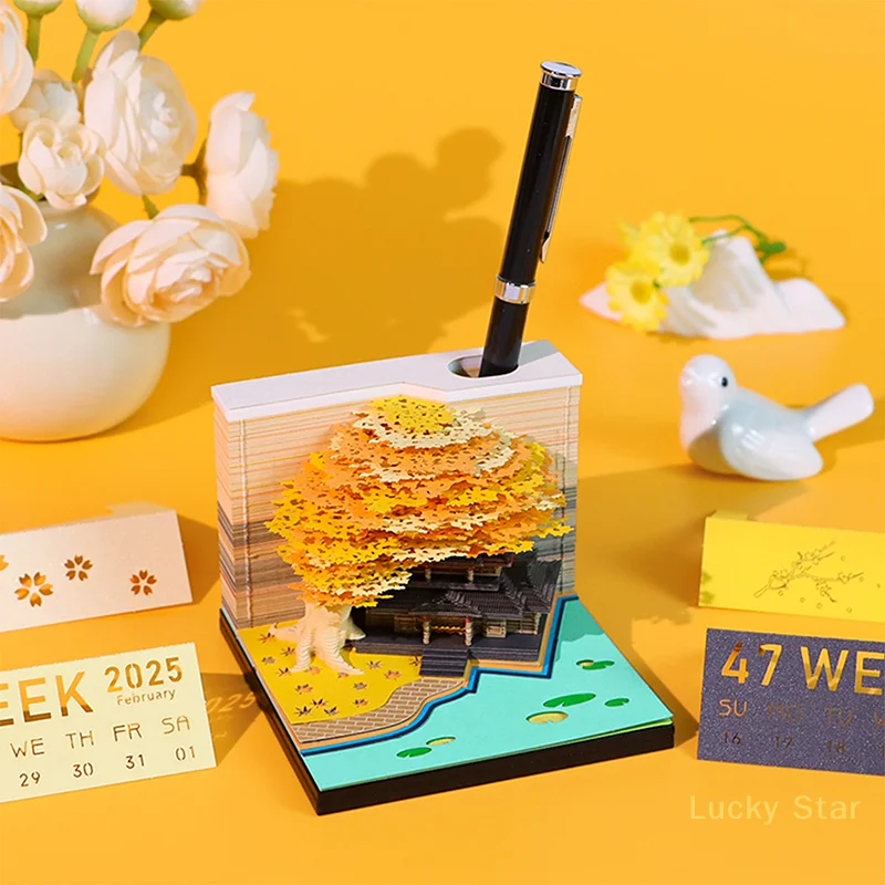 2026 Desk Calendar With LED Light 3D Tear-away Calendar Paper Time Piece Calendar Carving Art Memo Pad Notepad Gift Christmas