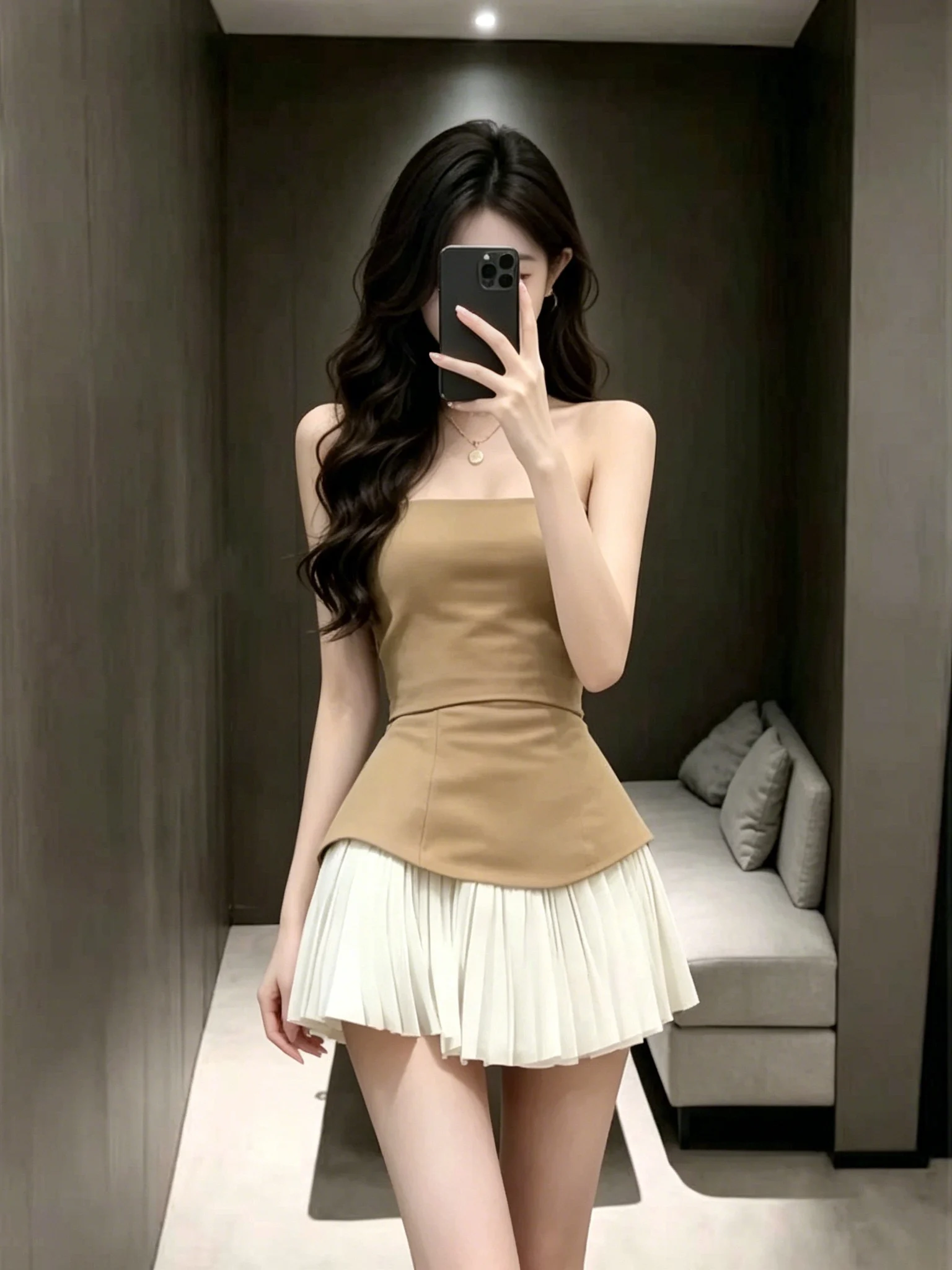 

Shoulder Bared Dress Women's Slimming Sexy Short Skirt French Style No Brand Waist Shaped Soft Fabric No Sleeves