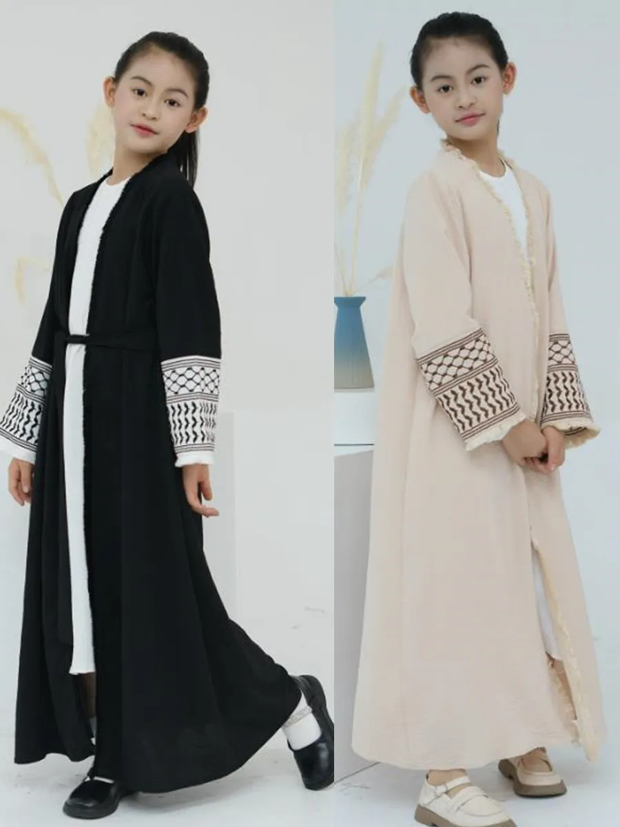 

Мусульманские дети для девочек, роскошное кимоно в Дубае, Абая, кардиган, длинное платье с вышивкой и кисточками, халат Рамадана, кафтан, женская исламская одежда