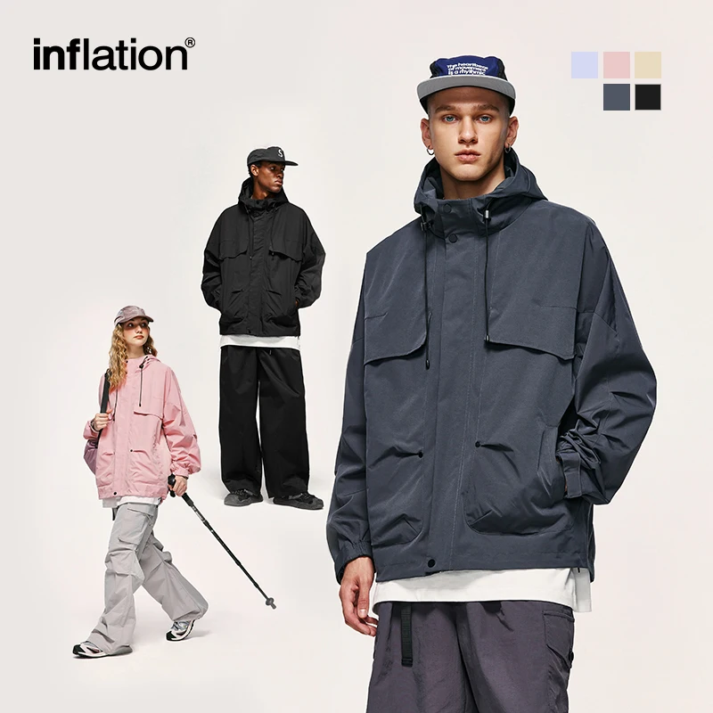 INFLATION Outdoor Windproof Softshell Jacket Men Mountain Cargo Jacket Unisex High Collar Zip Up Hooded Coat