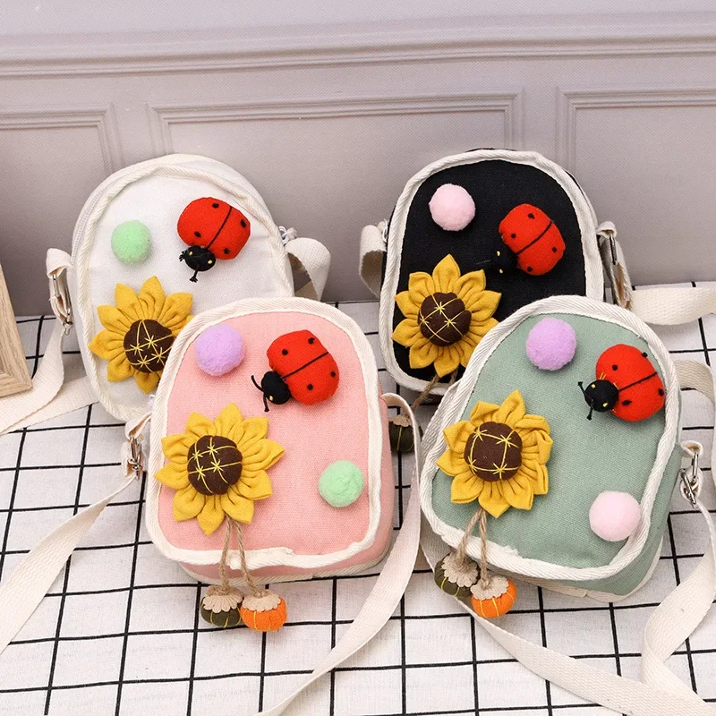 Cute Cartoon Ladybird Sunflower Kid Canvas Shoulder Bag Doll Accessories Satchel Kindergarten Girls Boys Messenger Crossbody Bag