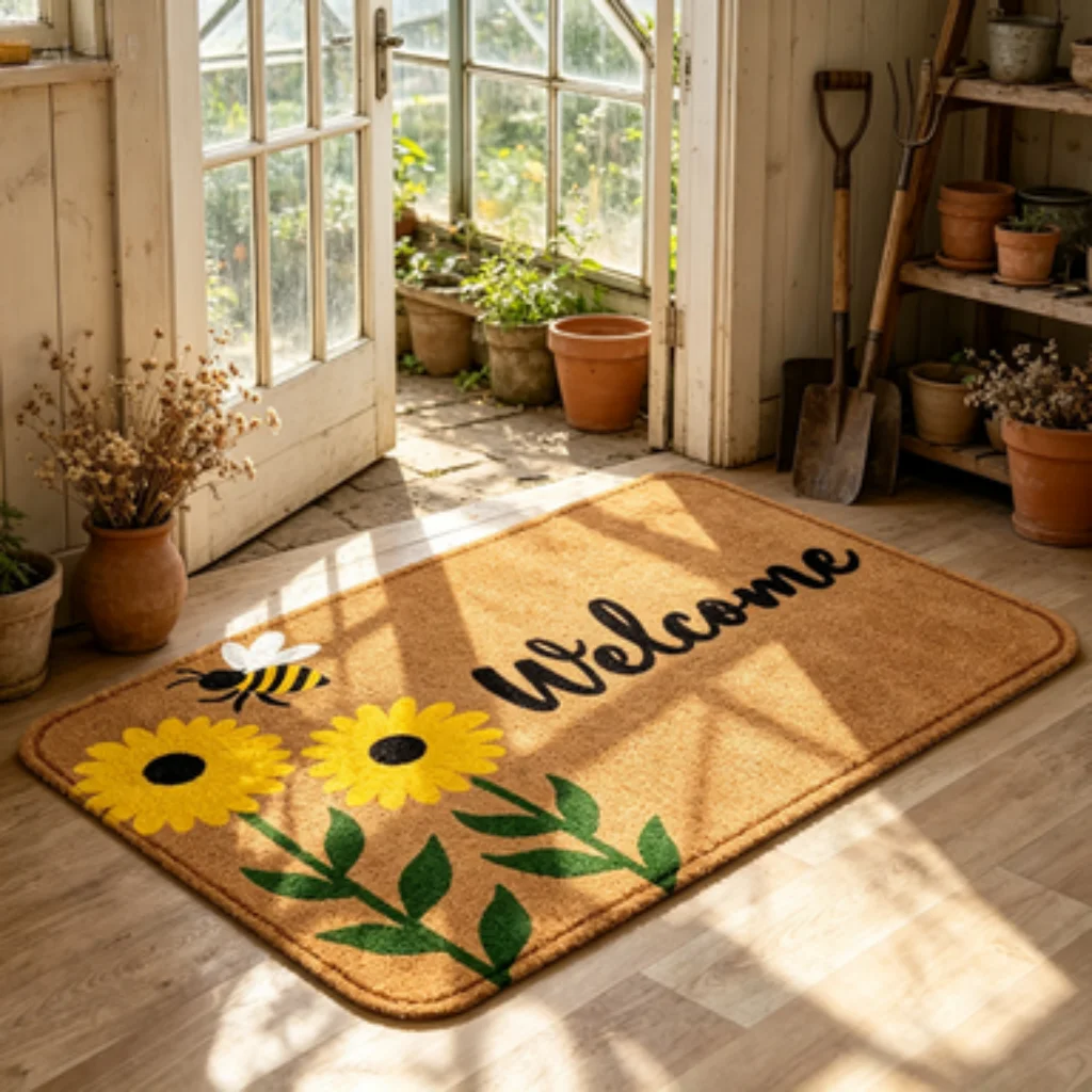 Sunflower Bee Welcome Mat, Pastoral Entrance Mat, Faux Texture Letter Mat, Colorful Wood HOME Runner, Retro Arcade Welcome Mat.