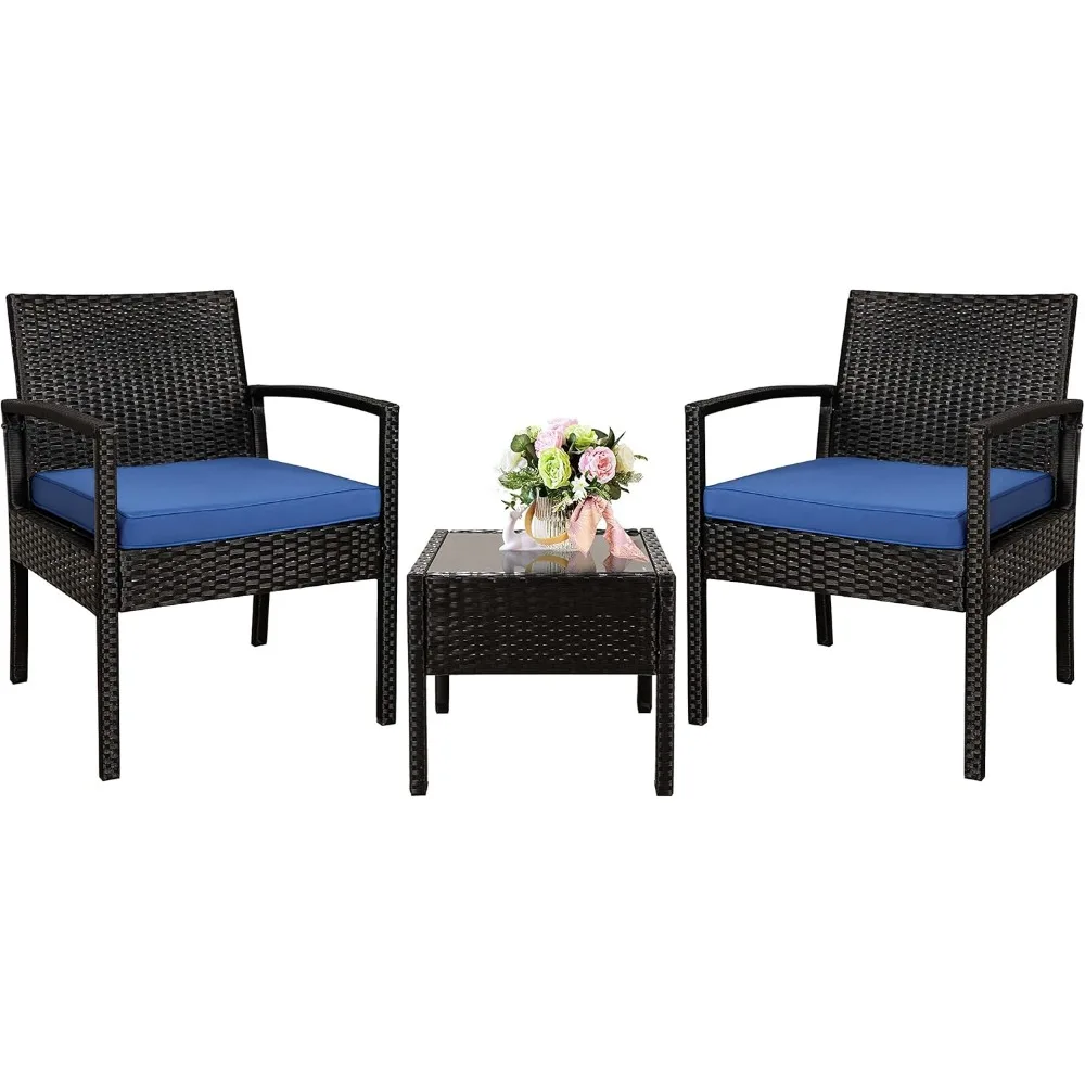 

3 Piece Outdoor Patio Furniture Sets, Rattan Conversation Set with Soft Cushion, Wicker Chairs with Coffee Table for Yard Backya
