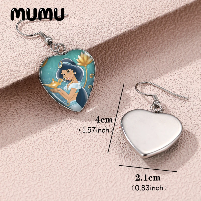 2024 New Aladdin with Princess Jasmine Dangle Earring Heart Shaped Earrings Handmade Glass Dome Jewelry Gifts Fans