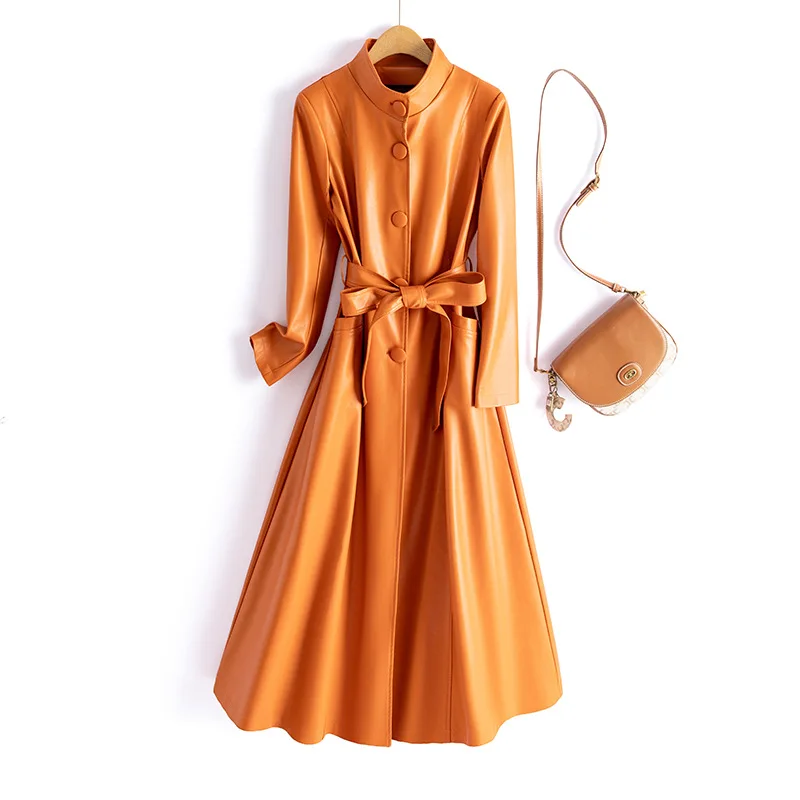 

2026 PU Leather Trench Coat Women's X-long Windbreaker Autumn Winter Single-breasted Stand-up Collar Sashes Streetwear Outerwear