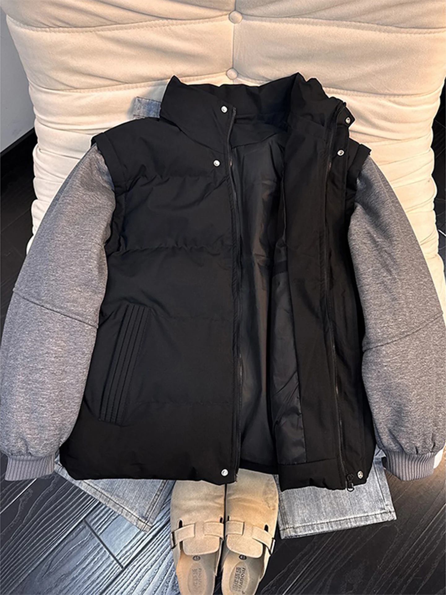 

Men's Thiened down Cotton Jaet Hooded Tee-Proof Winter Outerwear Detachable Vest Design Casual Loose Fit Faionable