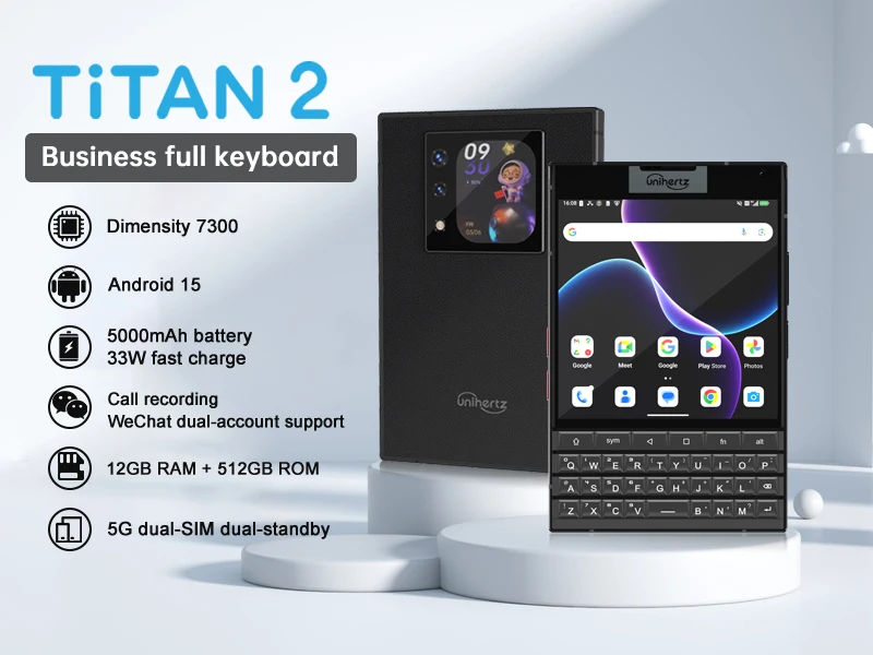 Unihertz Titan 2 Smartphone 12GB 512GB 5G Android 15 with Physical Keyboard Dual Screen Dimensity 7300 Dual SIM 50MP Camera