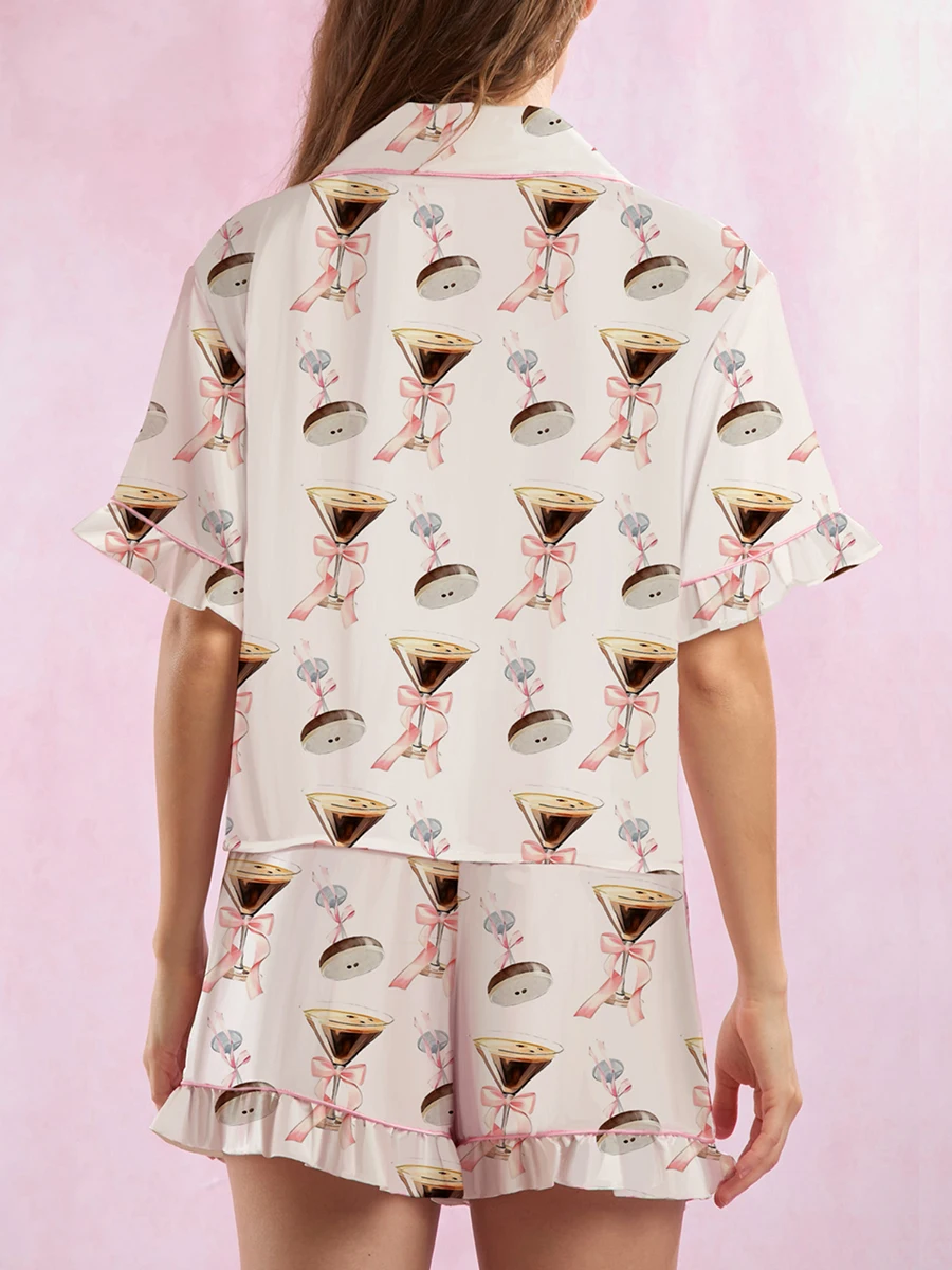 Pantaloncini pigiama da donna Set Calice Seashell Boot Cravatta sul davanti Top a maniche corte Pantaloncini con volant in vita elastica Completo da notte in 2 pezzi