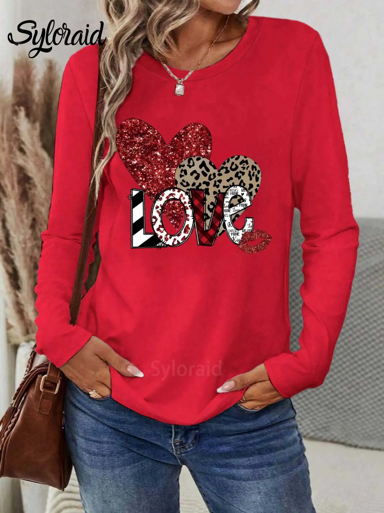 여성용 긴 소매 티셔츠 LOVE 발렌타인 데이 레오파드 하트 프린트 티셔츠 패션 라운드 넥 캐주얼 탑