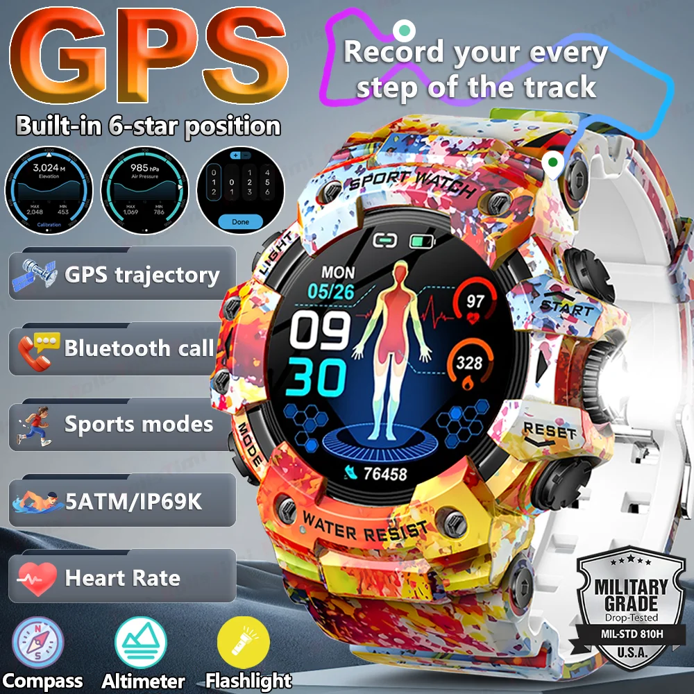 

Спортивные умные часы с GPS для мужчин и женщин со светодиодным фонариком, Bluetooth-вызовом, 350 мАч, большая емкость, IP68, водонепроницаемый фитнес-трекер