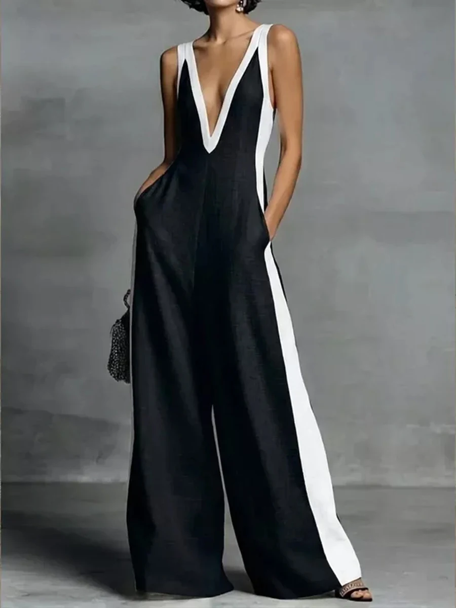 

Missuoo 2026 Summer Women's Casual Wide Leg Jumpsuit Black & White Trim Deep V-Neck Sleeveless One-piece Suit With Pockets