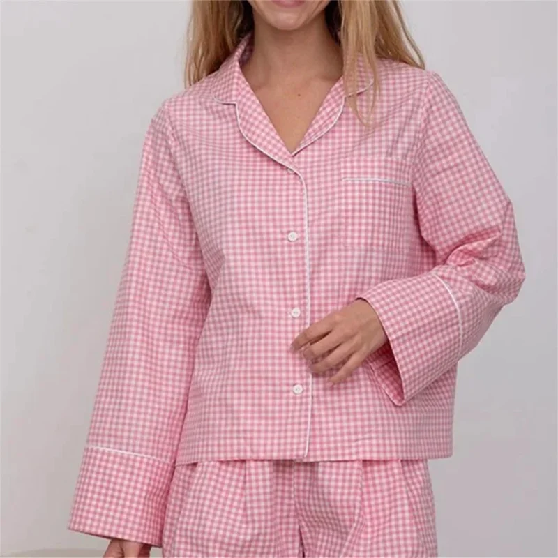 Korean Vintage Plaid Pajamas Sets Women Long Sleeve Shirts Pyjamas Autumn Sweet Pink Gingham Loungewear Sleepwear