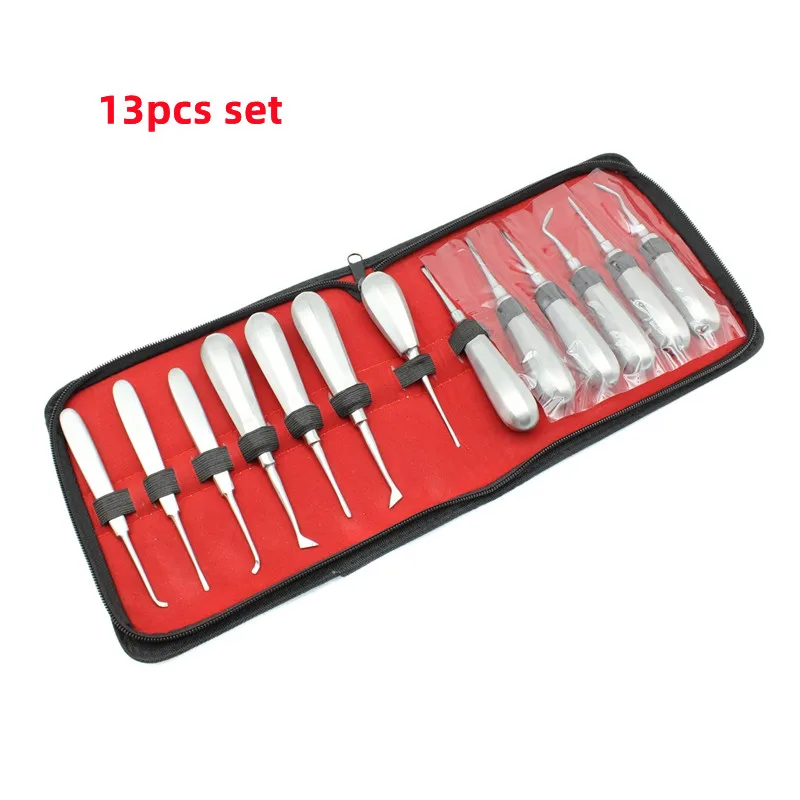 13PCS/Set Dental Elevator Stainless Steel Teeth Extraction Tools Kit Stright Curved Root Elevator Dentist Tools