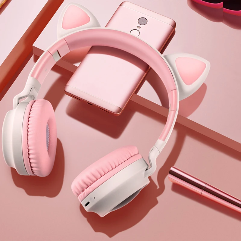 سماعات رأس لاسلكية القط الأذن مصباح ليد سماعة الموسيقى سماعات فتاة ابنة سماعة رأس بخاصية البلوتوث للفتيات دعم TF بطاقة راديو FM