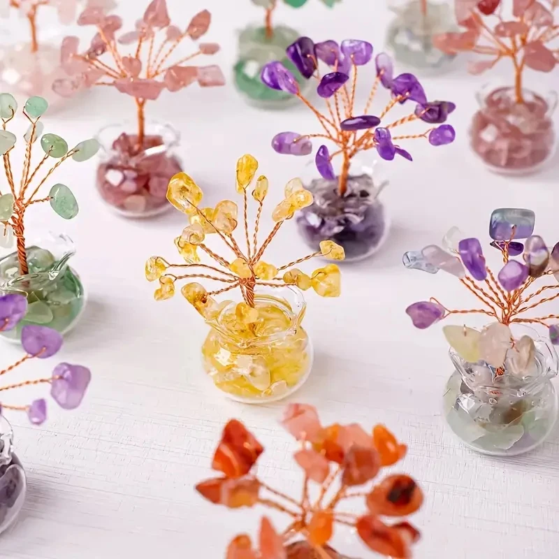 7 قطع شجرة كريستال صغيرة مصنوعة يدويًا من الأحجار الطبيعية المطحونة ديكورات منزلية رائعة، هدايا عيد الحب، مشغولات كريستال