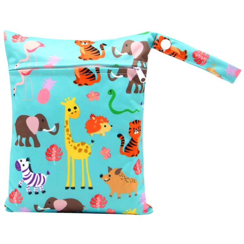 Baby Diaper Bag Cartoon Print Wet Dry Nappy Zipper Handbag Stroller Carry Pack Travel Outdoor Wet Diaper Storage Bags