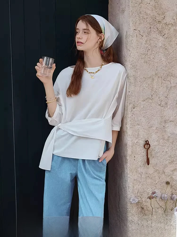 

Новая летняя женская рубашка свободного кроя с деконструированным узлом и асимметричным дизайном, хлопковый топ в повседневном стиле с завышенной талией