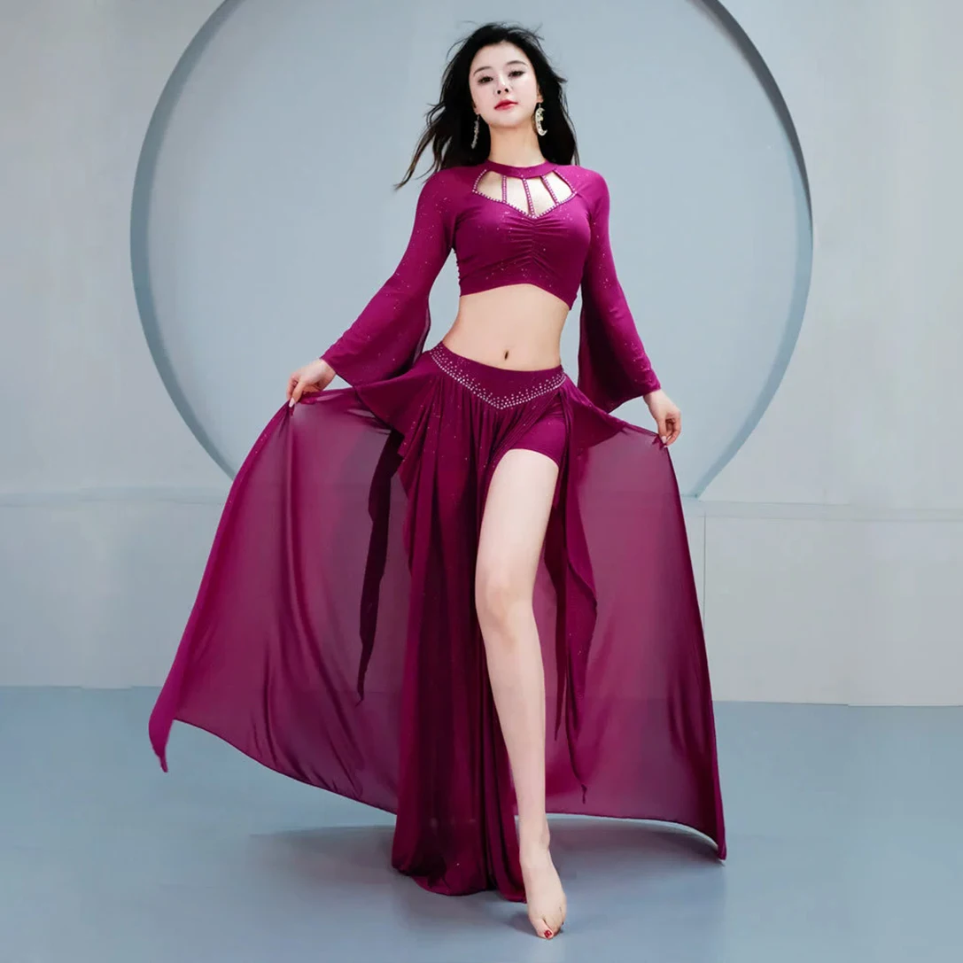 

Sexy Women Belly Dance Costume Oriental Dance Stretched Silky Outfit Class Group Dance Long Skirt Practice Suit 2 Pieces Set