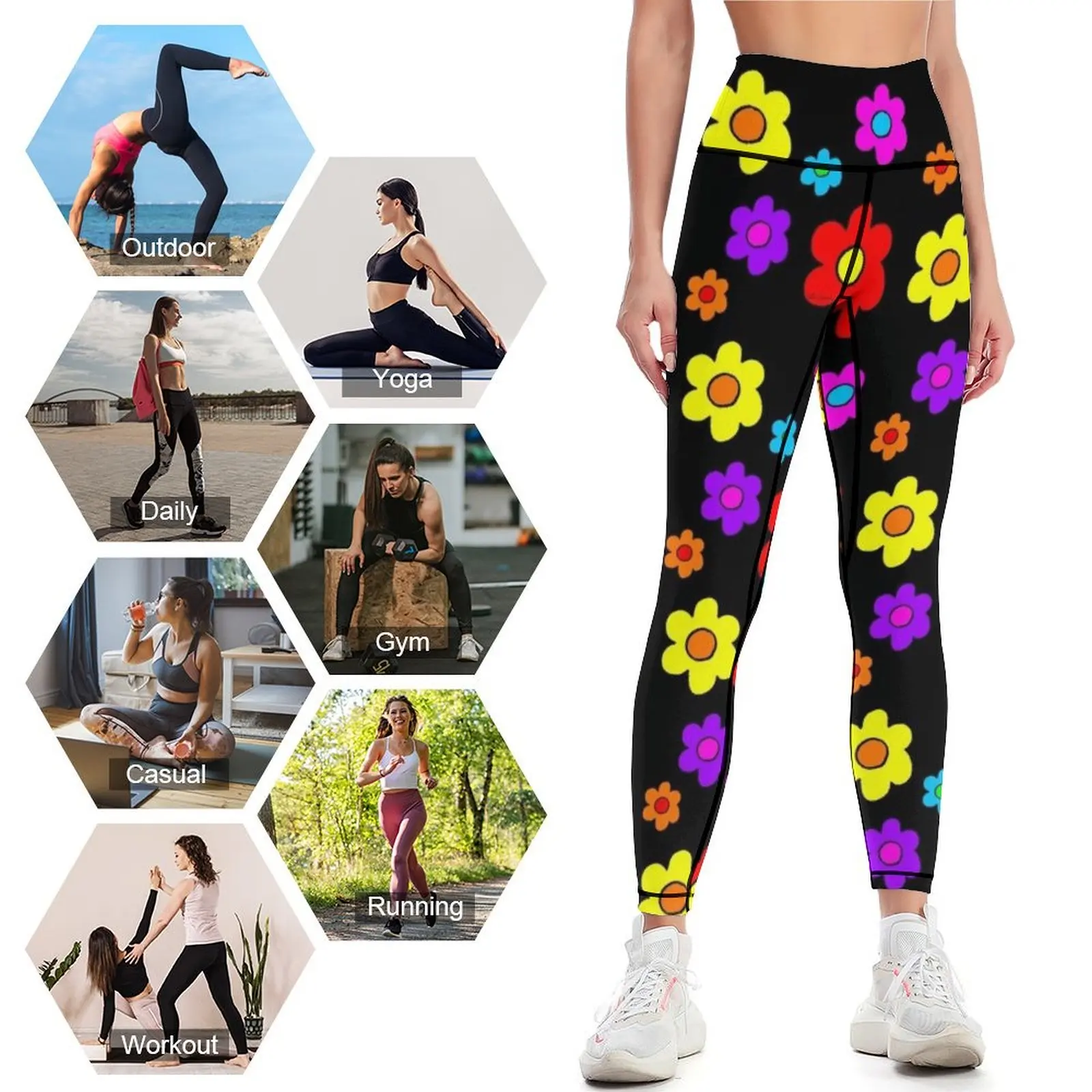 Flores pop feminino push up leggings, desgaste do golfe, roupa de ginástica