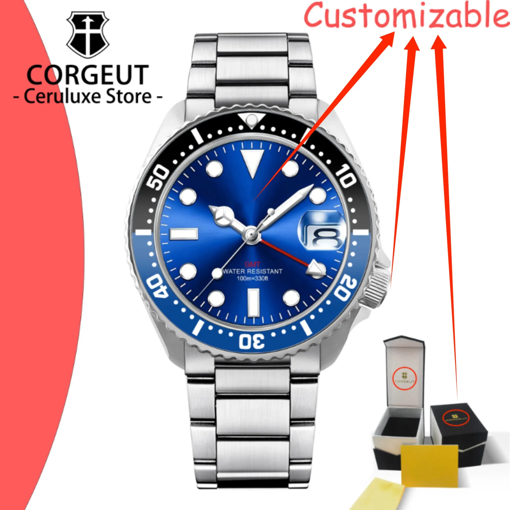 CUSTOM Logo New Dive Men Quartz Watch Sapphire Glass Ronda 515 GMT Movement 100M Waterproof BGW9 Luminous 316L Steel Watches