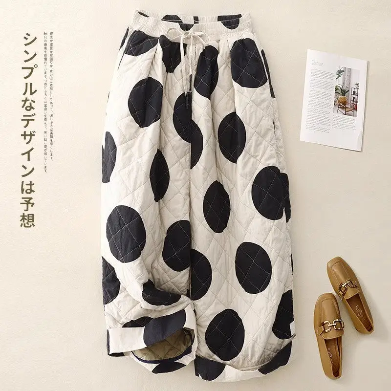 

Japanese Style Artistic Wave Point Clip Cotton Wide Leg Pants For Women Winter Elastic Waist Loose Straight Casual Trousers A753