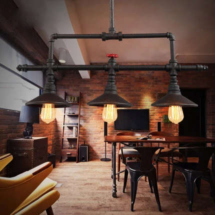 

Industrial wind design black paint water pipe 5 chandelier creative rust color LED bulb DIY restaurant decoration E27 lighting