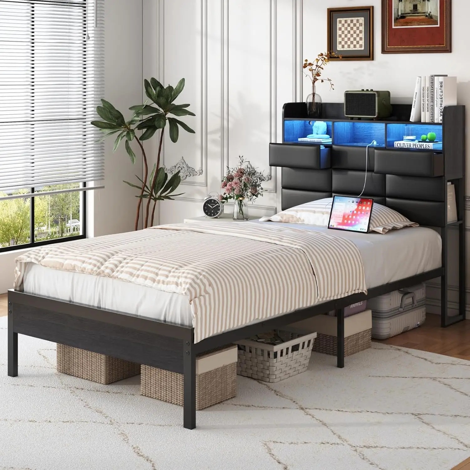 Twin Metal Bed Frame with Storage Headboard Hidden Drawers LED Lights Charging Station Slats Support, Customized