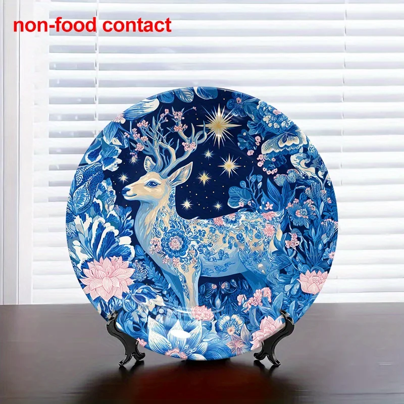 

1 шт. Винтажная настенная тарелка с оленем и цветочным принтом — элегантная сине-розовая цветочная голова оленя со звездами, керамика без еды