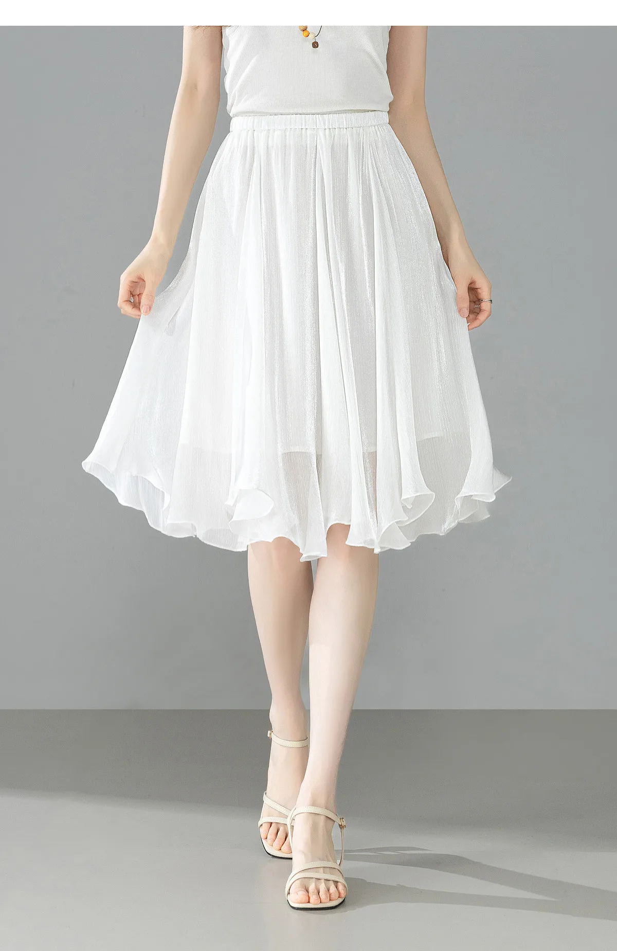 SENTUBILA Weißer Chiffon-Schimmerrock für Damen, Sommer 2026, Eleganter, Elastischer Bund, Unregelmäßiger, Lässiger Schirmrock Q62QG7308 – Detail 24