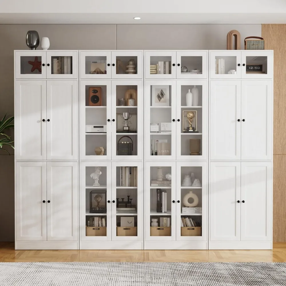 

85.5" Tall Wooden Bookshelf, Storage Cabinet with Glass Doors, 7 Tier Bookcase for Living Room, White Pantries with Doors