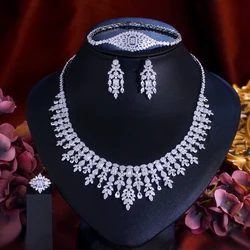 CWW 4 pcs Tassel Drop Cubic Zirconia Big Wedding Banquet Necklace Dubai White Gold Color Bridal Party Costume Jewelry Sets T600