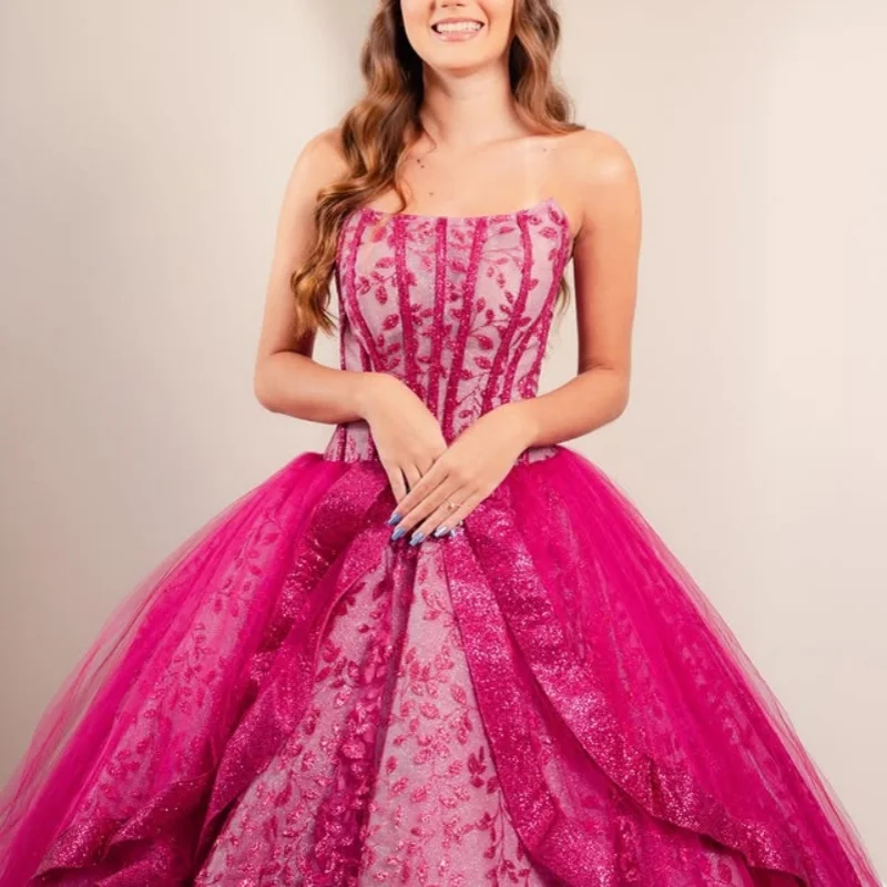 

Customized Shiny Rose Red Quinceanera Dresses Off the Shoulder sequin applique Tull layering Long tail Vestido 15 Quinceanera