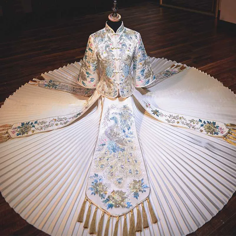 Vestido de noiva estilo chinês, bege bordado, tradicional, che, para casamento, banquete, para mulheres, estilo vintage