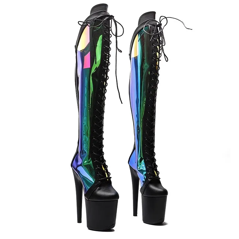 

Lace Up Round Toe New Fashion Women 20CM/8inches PU Upper Plating Platform Sexy High Heels Thigh High Boots Pole Dance Shoes 326