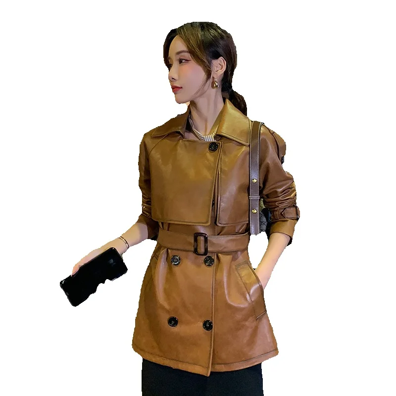 

Genuine Leather Jacket For Women's New Spring Leisure Brand Mother Sheep Leather Trench Coat With Double Breasted Buttons