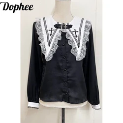 Dophee Original Spring Autumn Long Sleeve Women Blouses Lolita Gothic Cross Lace Sailor Collar Black Shirts Elegant Y2k Tops