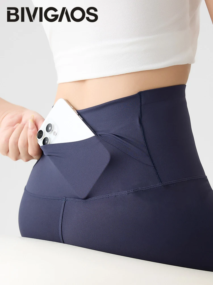 BIVIGAOS High Waist Back Pocket Sharkskin Leggings Women Tight Sexy Sports Fitness Leggings Spring Autumn Running Yoga Leggings