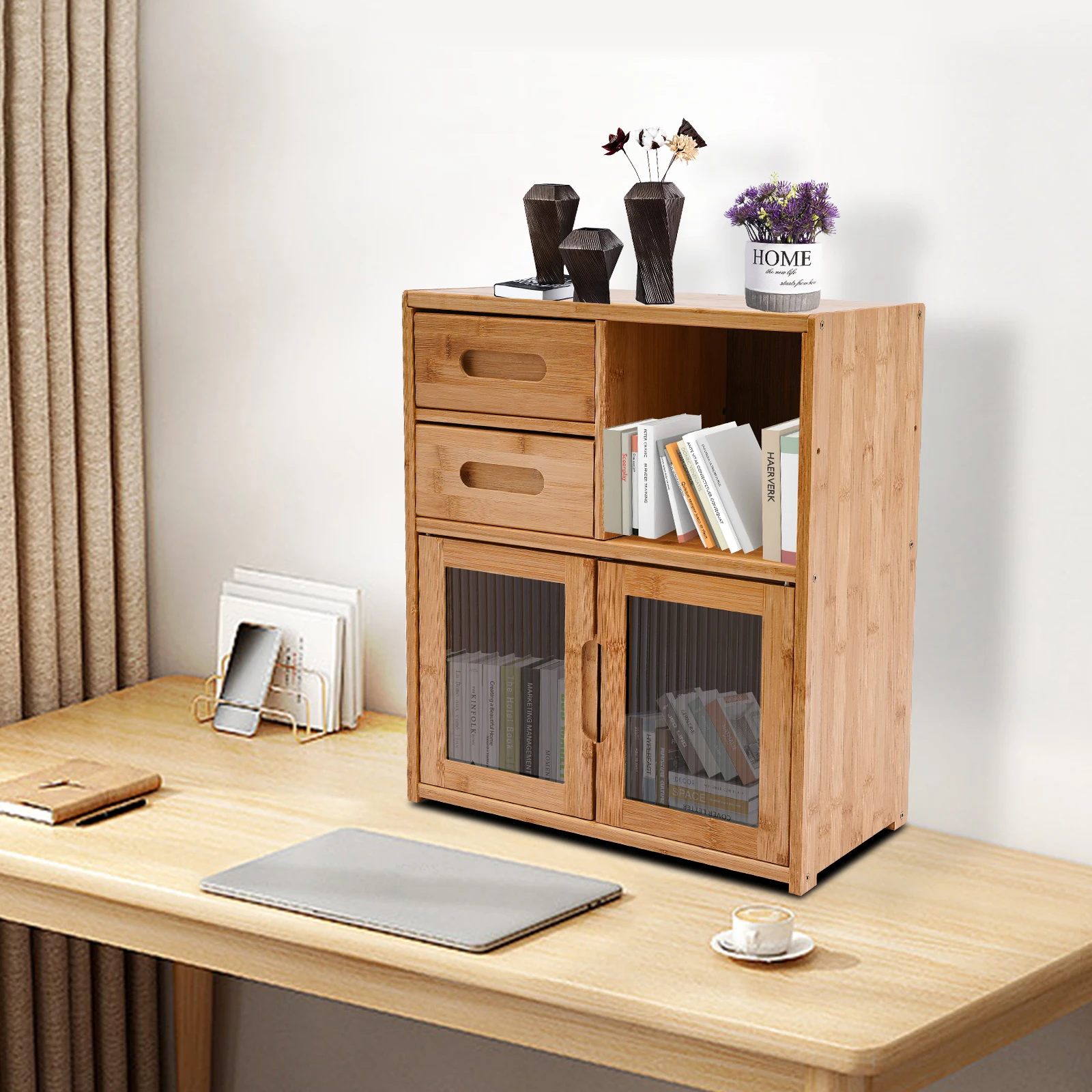 

2-Drawer Storage Cabinet, Bamboo Organizer for Kitchen Pantry, Modern Kitchen Shelf, Compact Cabinet for Home Organization