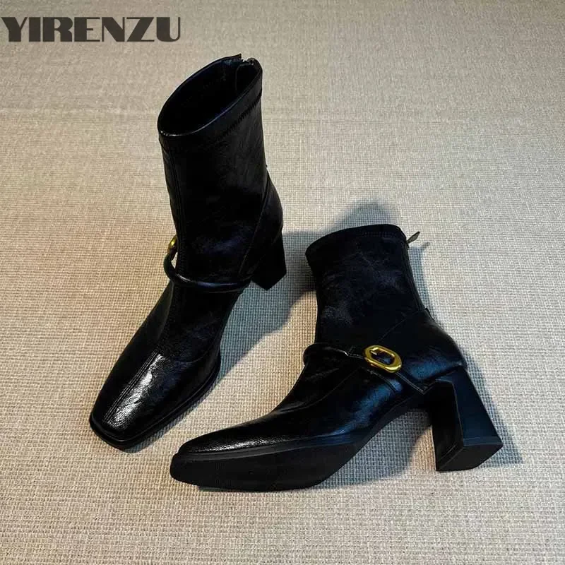 

Эластичные тонкие женские ботильоны на толстом каблуке, модные осенне-зимние женские элегантные современные короткие ботильоны с квадратным носком