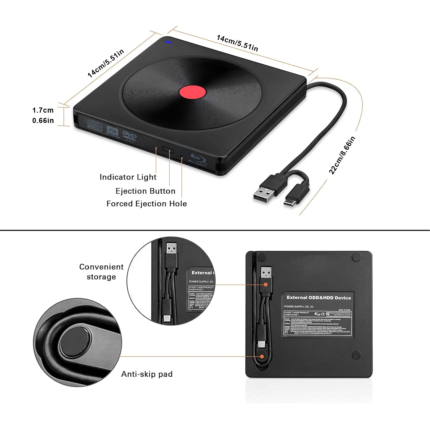 Drive Blu-ray Eksternal, Pembaca BD USB 3.0 & Tipe-C, Pembakar DVD/CD – Pemutar Blu-ray Portabel untuk Laptop PC, Windows/Linux/Mac OS