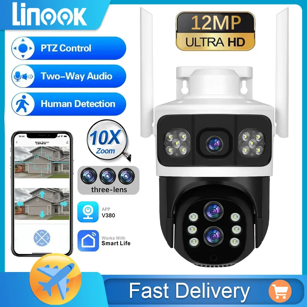 

Linook 10x optical zoom.12MP.3 lens V380 wireless WIFI connection for mobile phones outdoors IP waterproof camera.360 monitoring