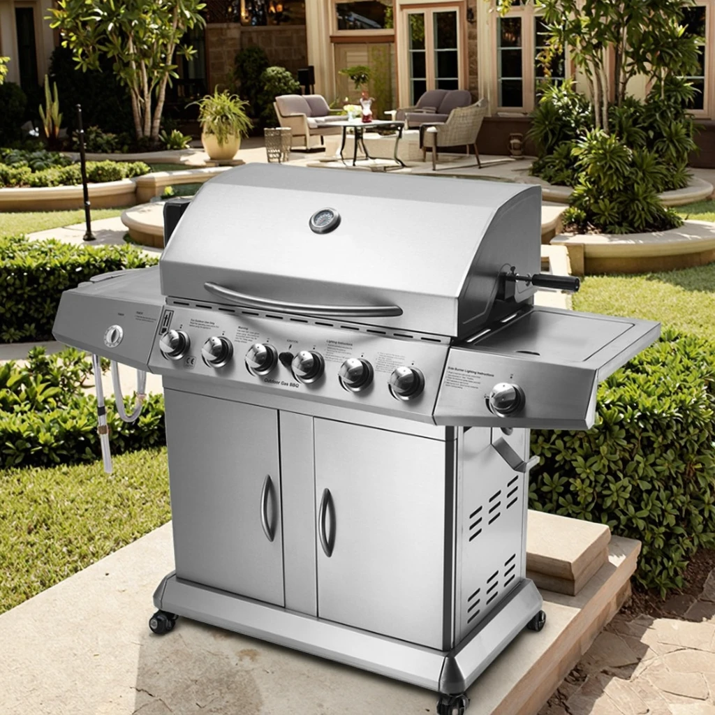 6 Burner  Grill Portable Foldable Trolley Stainless Steel Construction Modern Premium Design Electronic Ignition Adjustable