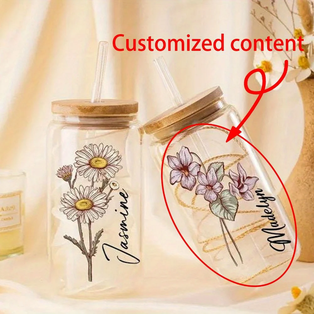 Personalized Floral Daisy Glass Tumbler, Custom Script Name Can Glass with Bamboo Lid Straw, Iced Coffee Water Drinking Cup.