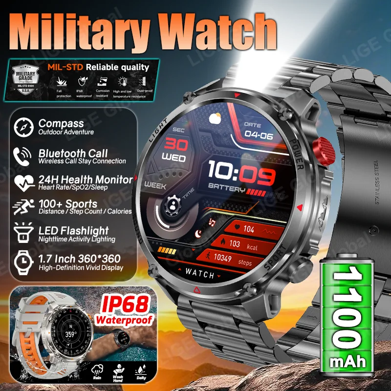 LIGE 2026 New 1100mAh Battery Smart Watch IP68 Waterproof Sports Run Tracker Outdoors Compass LED Flashlight Military Smartwatch