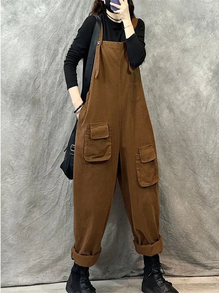 

Corduroy Overalls for Women Autumn and Winter Loose Large Size Retro Tooling Suspenders Jumpsuit Slim Female Harem Long Pants