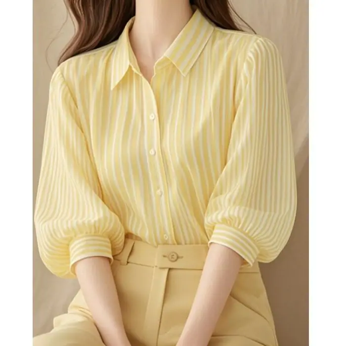 

Женская блузка с желтыми полосками, пышными рукавами до локтя, воротником-стойкой и пуговицами, в стиле французской элегантности, для офиса и повседневной носки, летний образ