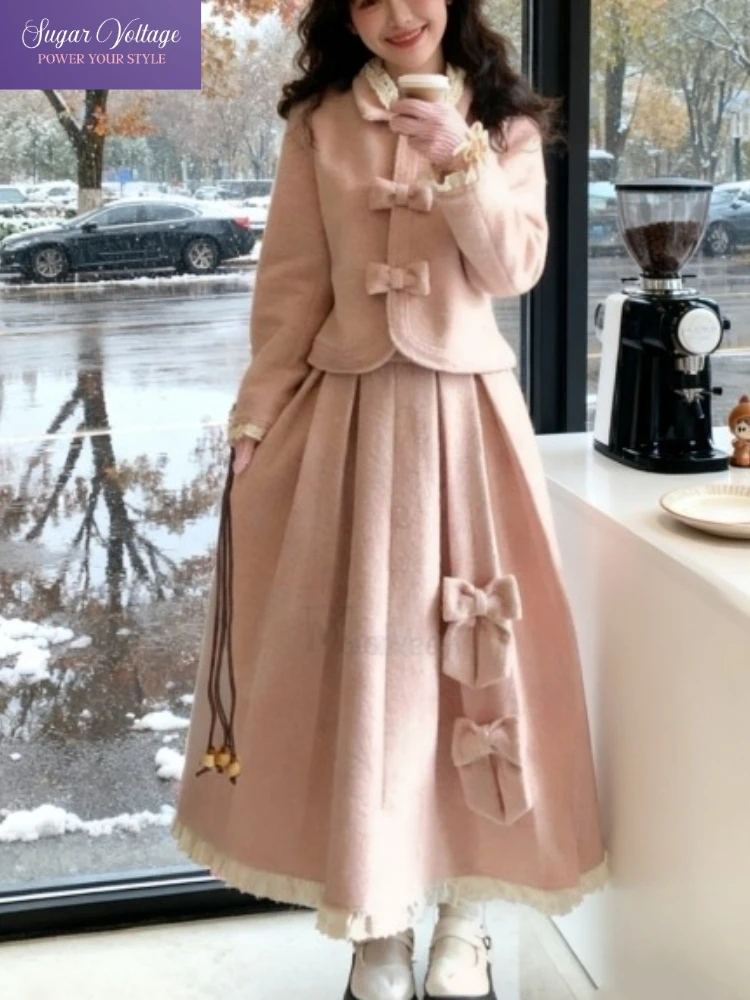 

Harajuku Korean Sweet Wool 2 Piece Set Women Pink Bow Short Coat + Long Skirt Elegant Vintage Winter Cute Fashion Chic Outfit