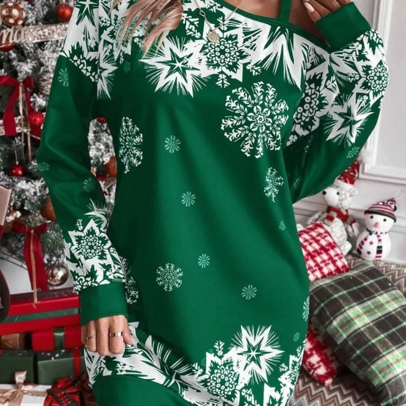 Woman Dress Christmas Snowflake Print Oblique Shoulder Autumn/Winter Female Clothes Women's Fashion Long Sleeved Elegant Dresses