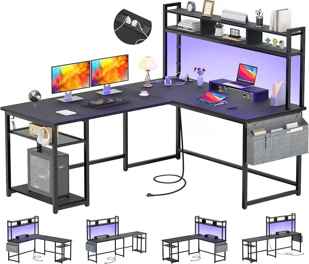 Aheaplus-Mesa em forma de L com tomada e tira LED, computador de canto reversível, 2 pessoas para Home Office, escrita, preto