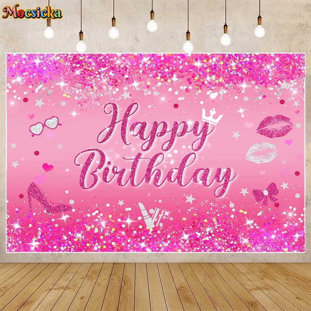 Mocsicka Glitter Women Birthday Backdrop Ballon High Heel Rose Gold Girl Birthday Party Photo Background Custom Banner Photocall